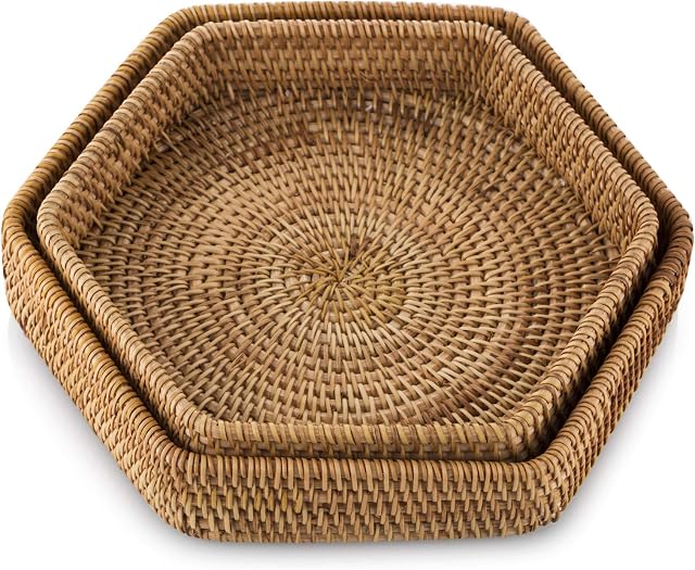 Sziqiqi Rattan Serving Tray Set of 2 Hexagon Hand Woven Wicker Tray Rattan Tray Rustic Decorative Tray for Breakfast, Drinks, Snack, Bread for Coffee Table Bar Dinner Parties Kitchen Organizer