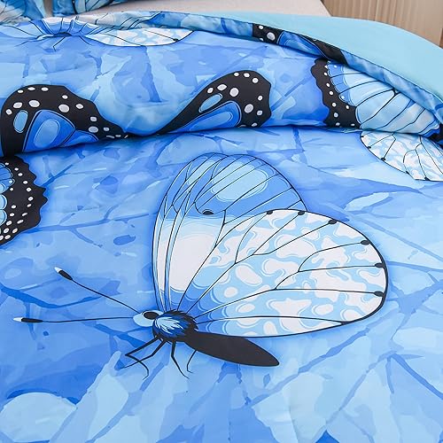 Miniatura 6 de Btargot Juego de edredón ligero de microfibra de 3 piezas con 2 fundas de almohada juego de ropa de cama con patrón de mariposa color azul Queen