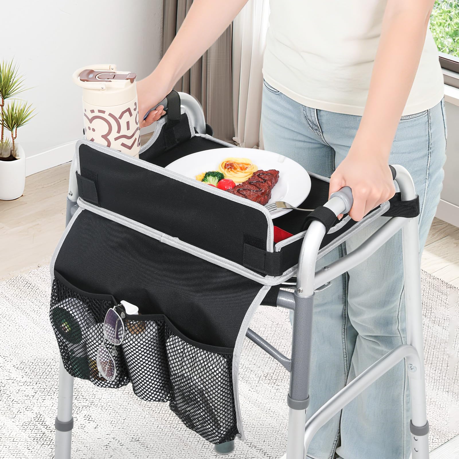 Photo 1 of JFMkaer Walker Tray with Cup Holder – Folding Walker with Pockets & Non Slip Mat for Food,Mobility Trays Fits Most Standard Folding Walkers,Walker Accessories for Elderly
