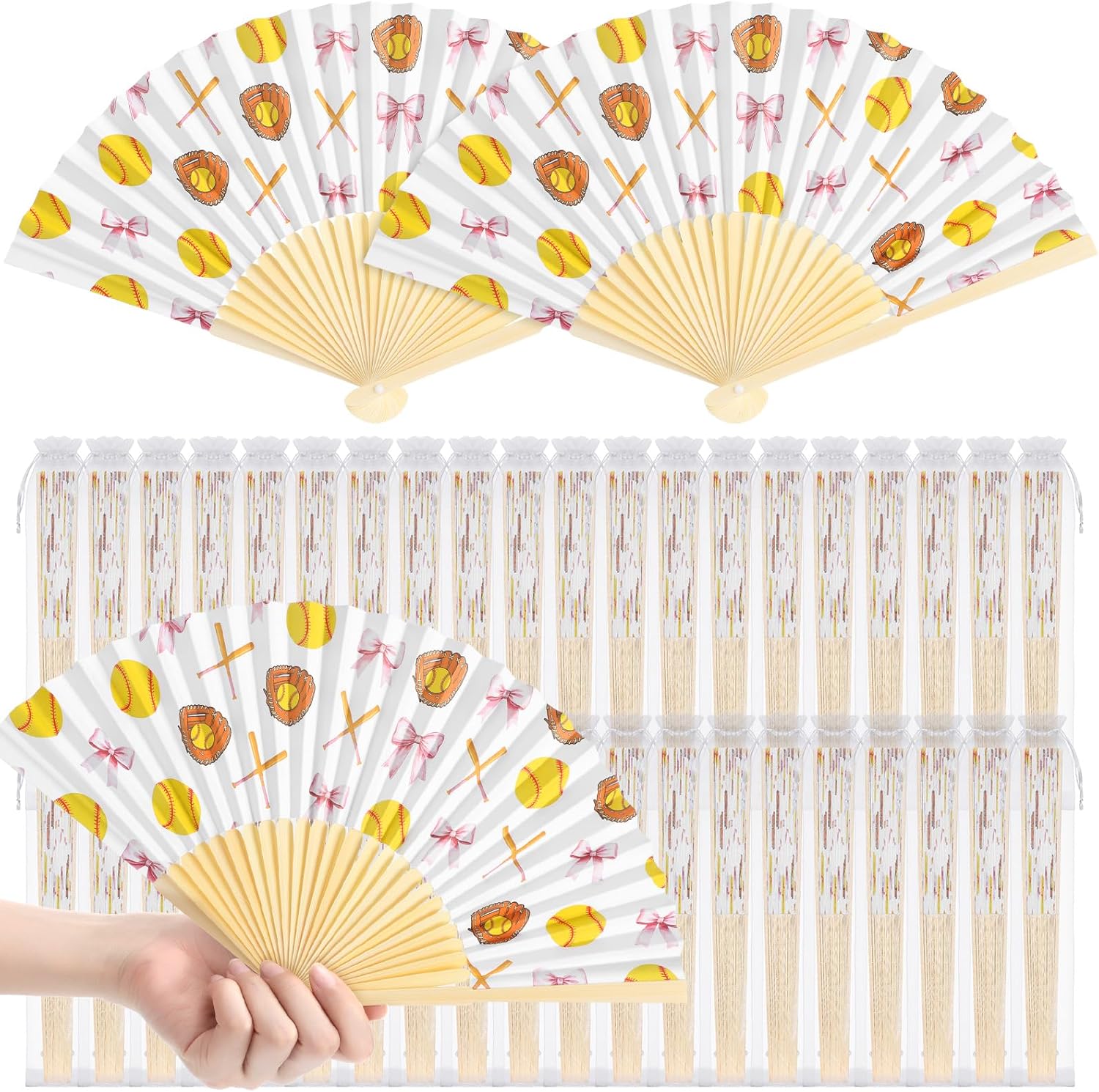 Wenqik 20 Sets Baseball Bow Hand Folding Fans with Organza Bags Bulk Softball Themed Party Favors for Game Day Events Vintage Foldable Paper Fans for Baseball Softball Sports Party Favors