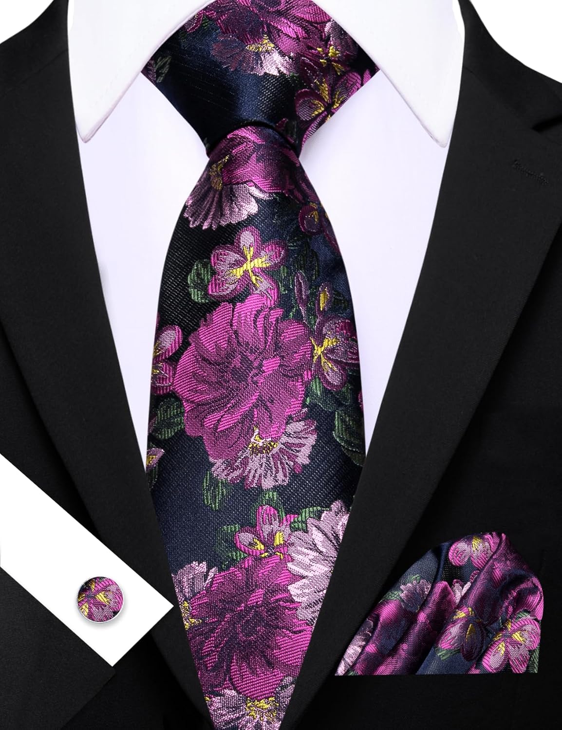 Barry.Wang Flower Ties for Men Silk Woven Floral Tie Sets Necktie Handkerchief Cufflinks Wedding Party - Image 5