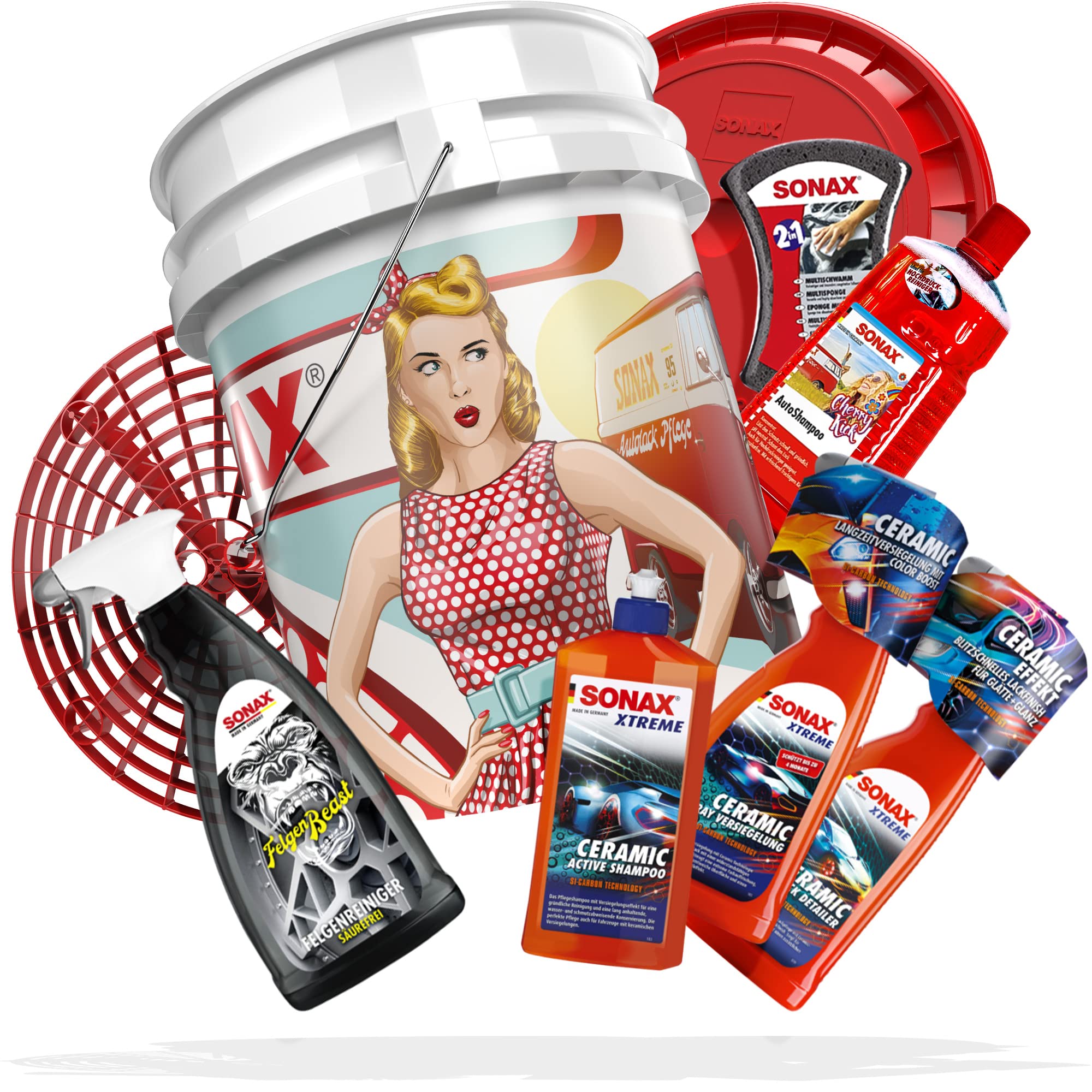SONAX Bundle Deluxe, set di pulizia per auto, secchio per il lavaggio con coperchio + Grit Guard Cherry Kick 2 l + cerchioni Beast + shampoo in ceramica attiva, sigillante, dettagli