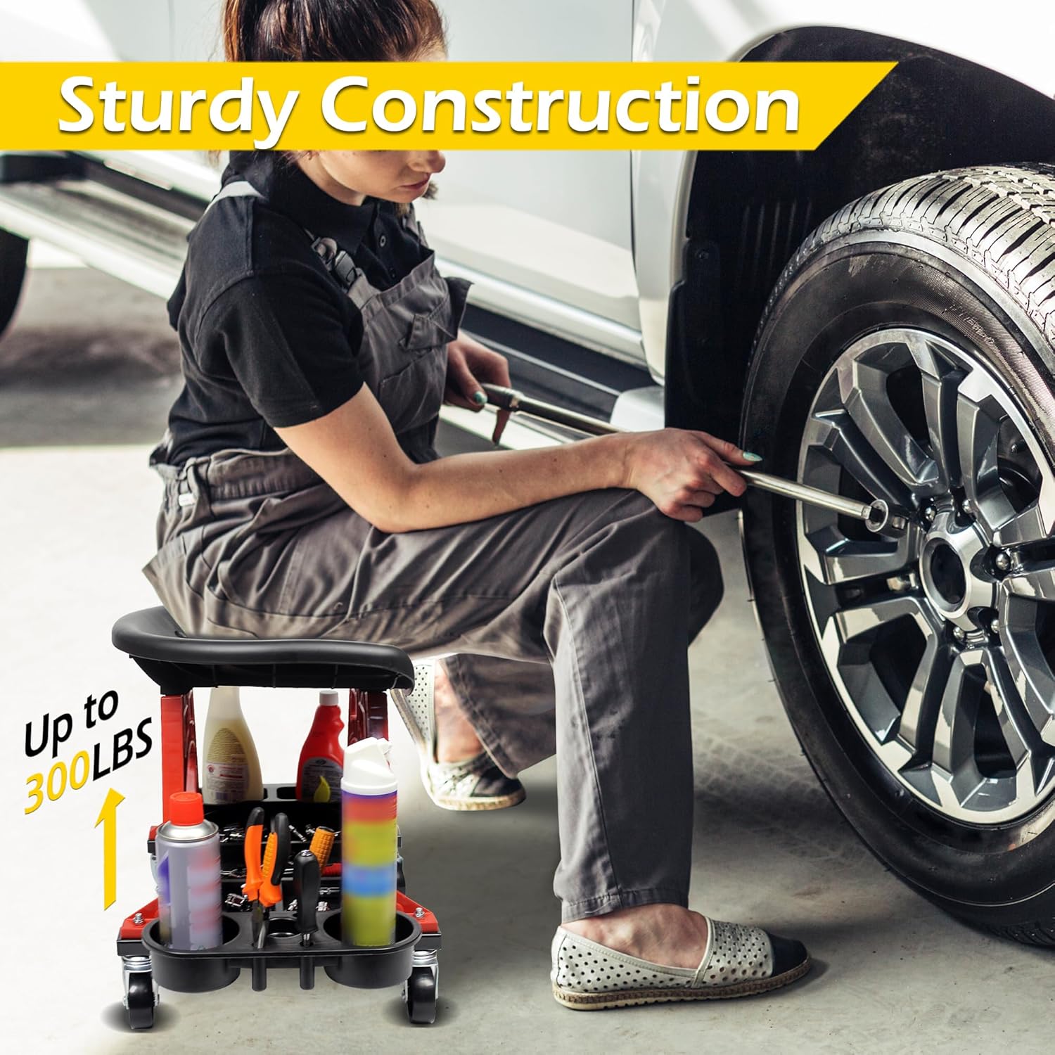 MaxWorks 50957 Ergonomic Seat Mechanic Stool Chair 22.9" L x 13.9" W x 17" H, with 4pcs 2.5" Swivel Casters, with Tool Tray for Workshop, Garage, Auto Repair - 300 Lbs Capacity