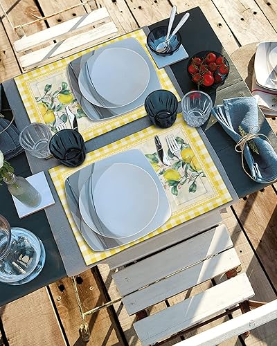 Miniatura 4 de Manteles individuales rústicos de verano con hojas verdes de limón para mesa de comedor, juego de 2 manteles individuales de lino de algodón con