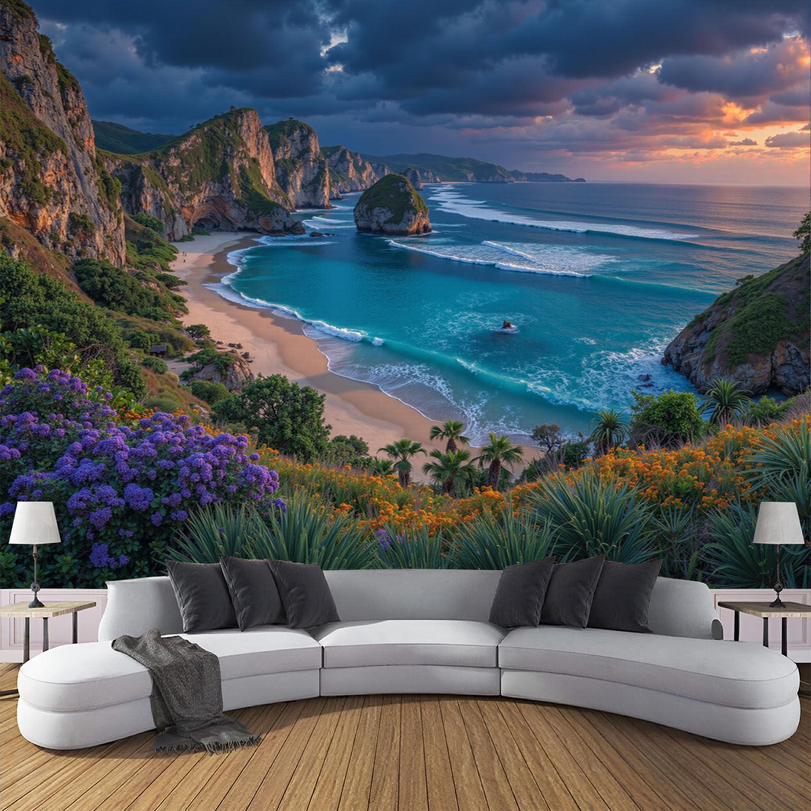 Fresque murale panoramique bord de mer en papier peint intissé pour s'évader depuis son bureau
