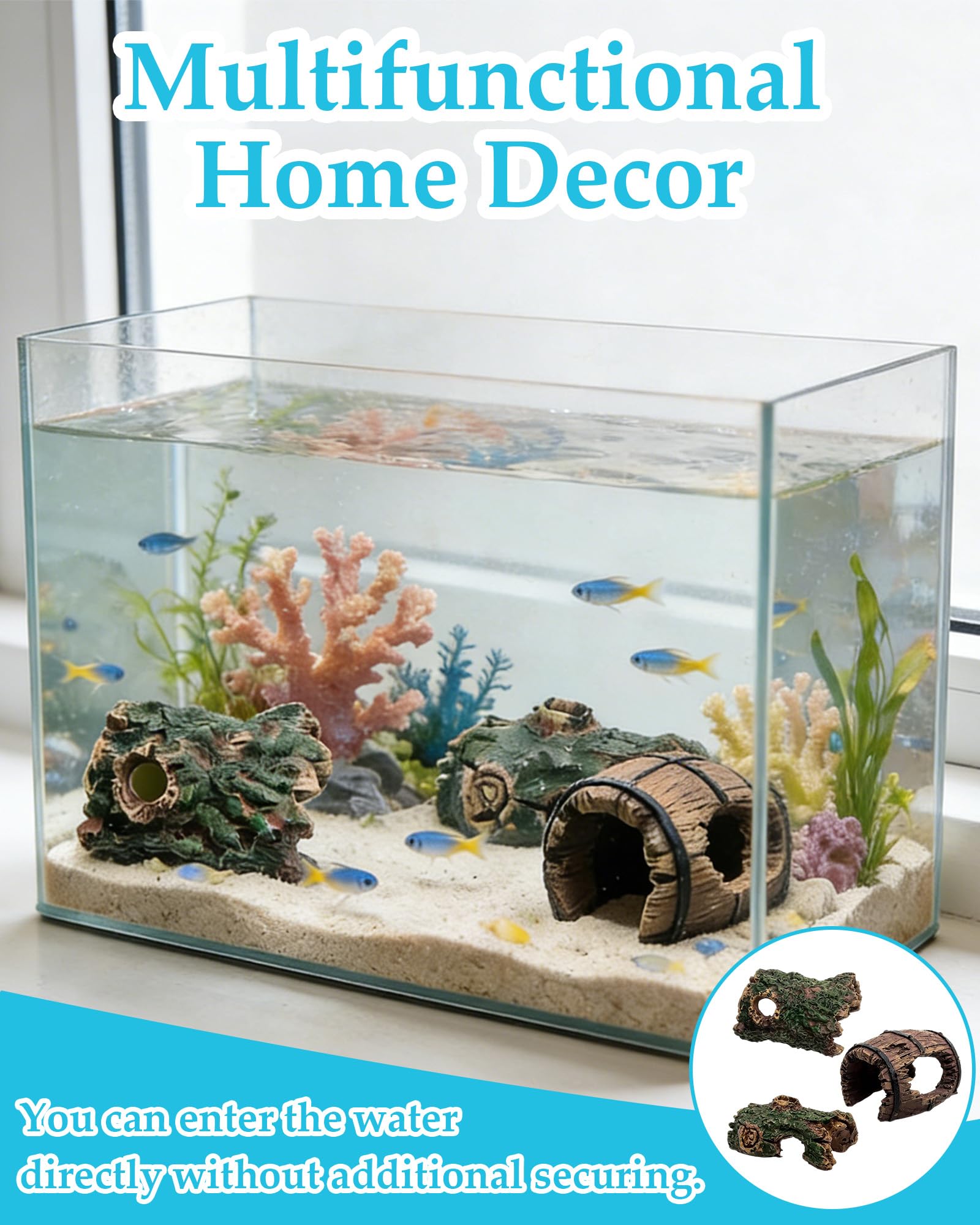 6 Piezas Decoración para Acuario con Cueva y Barril, Tronco Hueco Decorativo de Poliresina, Cueva de Resina, Decoración de Paisaje para Escondite de Reptiles y Hábitat de Peces Betta — view 6