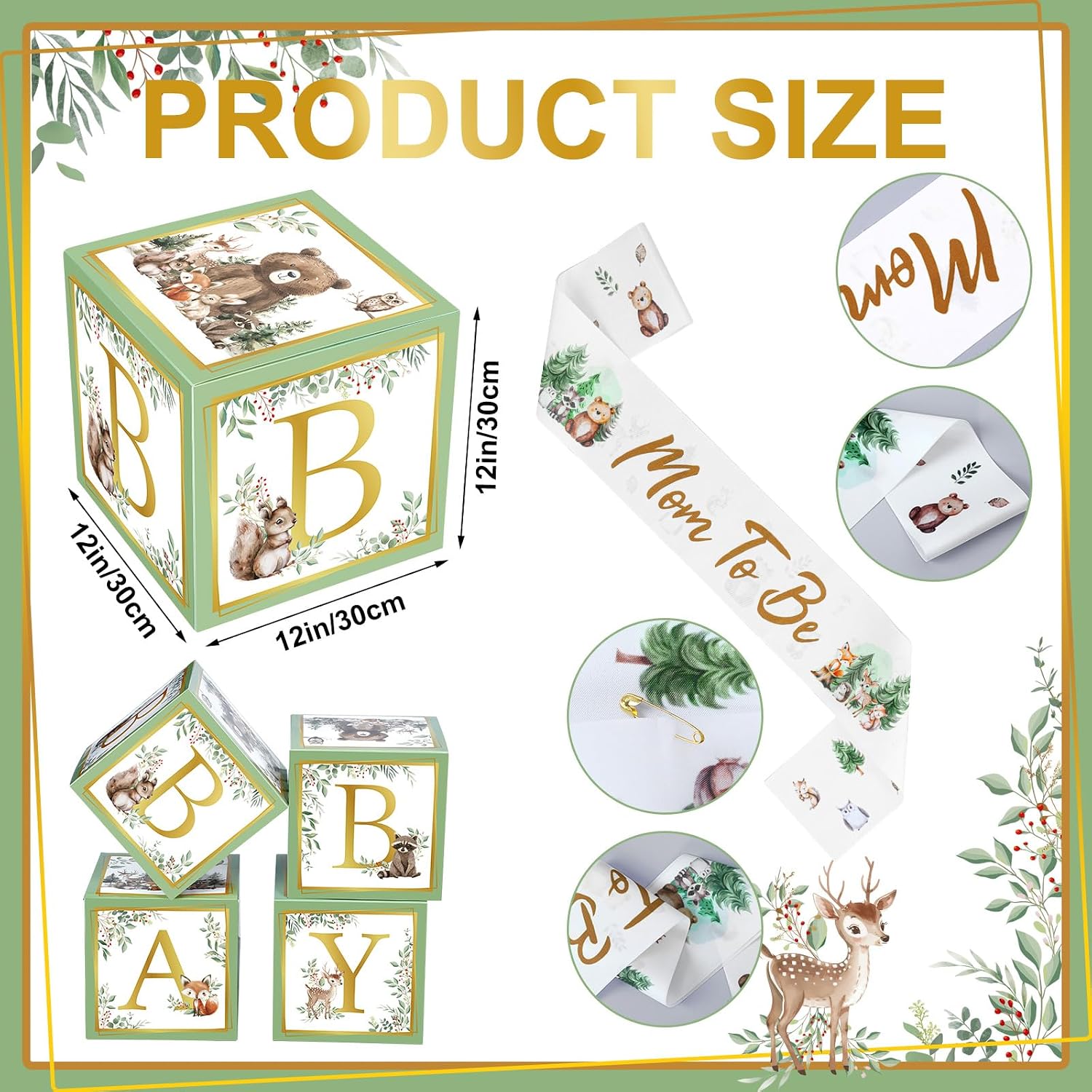 Booson 7 Pcs Woodland Baby Shower Boxes Mom to Be Sash and Pin Sage Green | Forest Animal Birthday Party Favors for Boy Girl Baby Shower Birthday Photo Props Backdrop Gender Reveal Decor