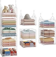 Vista 1 de 5 Tier Hanging Closet Organizer Separable Hanging Closet Shelves with 4 Hooks 2 Adjustable Dividers, Wire Storage Basket Bins for Clothing Sweaters