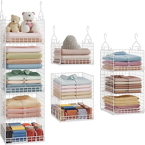Organizador de armario colgante de 5 niveles, estantes colgantes separables con 4 ganchos, 2 divisores ajustables, cestas de almacenamiento de