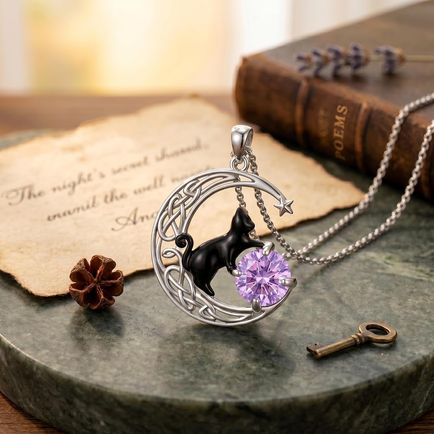 POIUY Cat Necklace for Women Birthstone Jewelry Necklace Moon Pendant Jewelry for Mom Christmas Birthday Anniversary Mothers Valentines Day Cat Gift for Cat Lovers Mother Women Wife Her