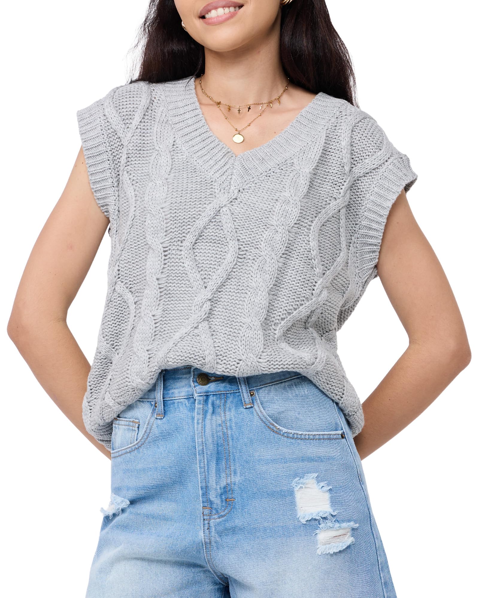 Womens Sweater Vest Classic Cable Knit V Neck Pullover Soft Knit Top