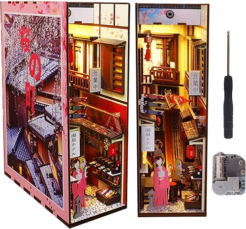 Spilay Kit de montaje de rincón de libros en miniatura para casa de muñecas rompecabezas de madera 3D con luz de sensor kit de creatividad de