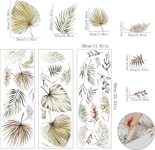 Miniatura 2 de TMGSK 2 hojas de calcomanías de pared de hojas de cardo de palma, estilo bohemio, removibles, plantas tropicales, hojas de árboles, flores,