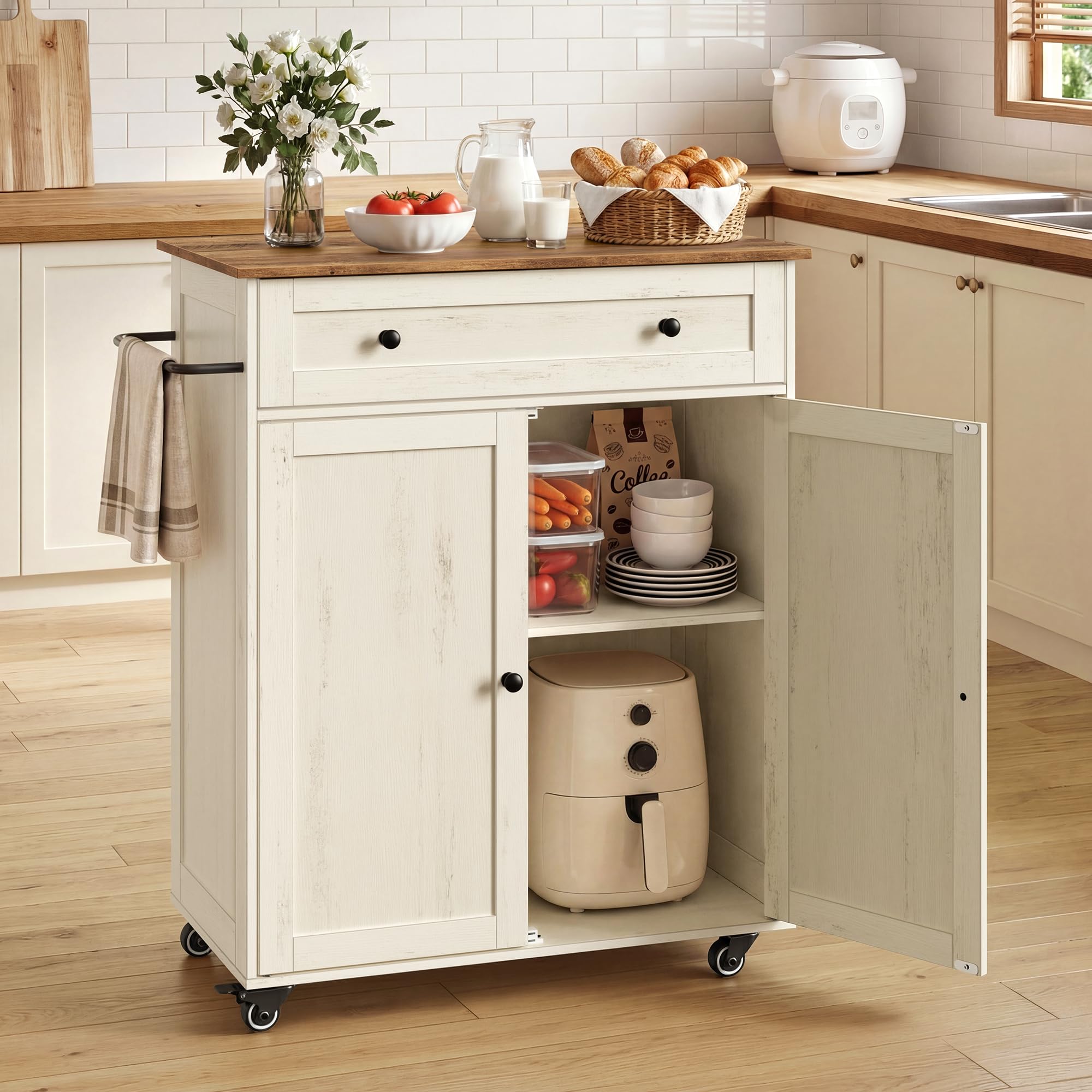 VASAGLE Siren Collection KKI009WJ01 - Mueble de Cocina, Isla de Cocina, con encimera, Ruedas, Carrito de Cocina, cajón, Estilo rústico, Estante Ajustable, Color Blanco Nube y marrón Miel