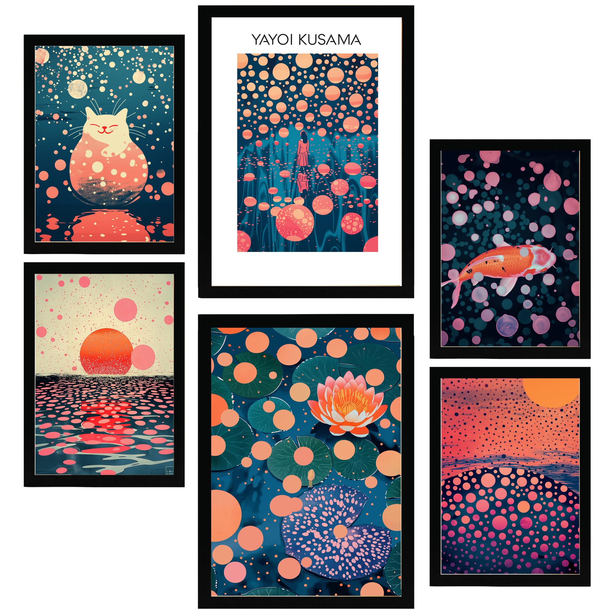 Nacnic Set de 6 yayoi kusama sunset water blue orange red purple colors janapise Cuadros con ilustración de diseño para decorar las paredes del hogar. Habitación, oficina. A3 y A4. Marco negro