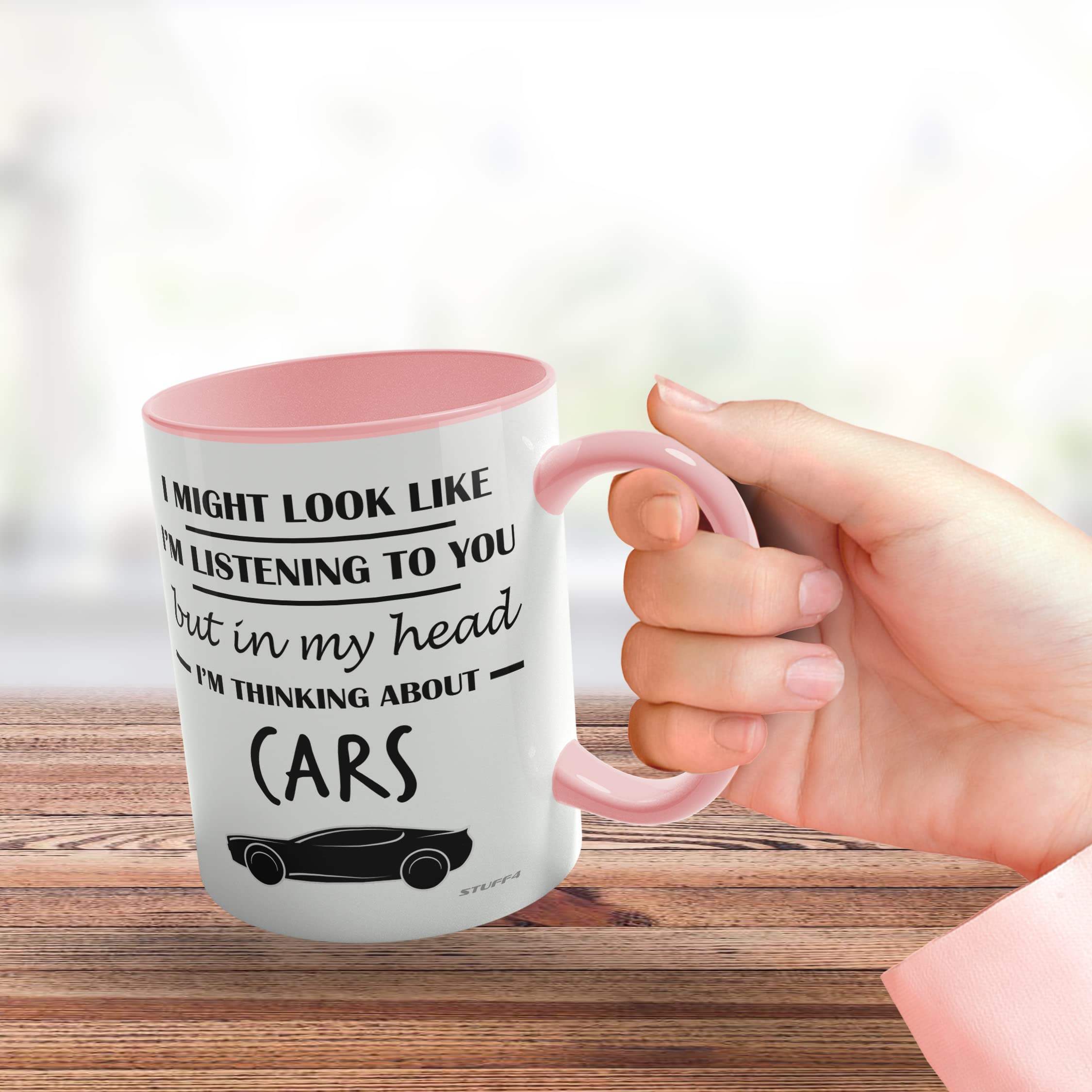Stuff4 Gifts for Car Enthusiasts - in My Head I'm Thinking About Cars - Funny Classic Car Mug, Gifts for Cars Lovers, Petrol Head Gifts, 11oz Ceramic Dishwasher Safe Premium Pink Handle Mugs - Image 3