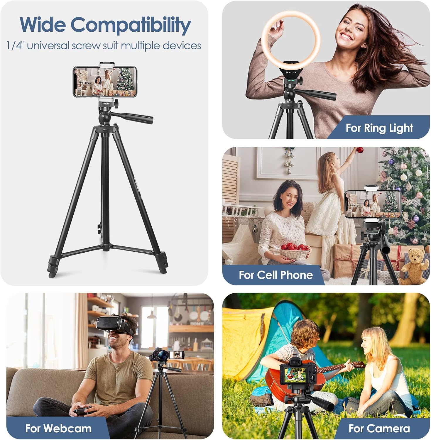 UBeesize 50-inch Lightweight Tripod for Cameras and Cell Phones, Aluminum Travel Tripod with Adjustable Phone Mount for iPhone and Android
