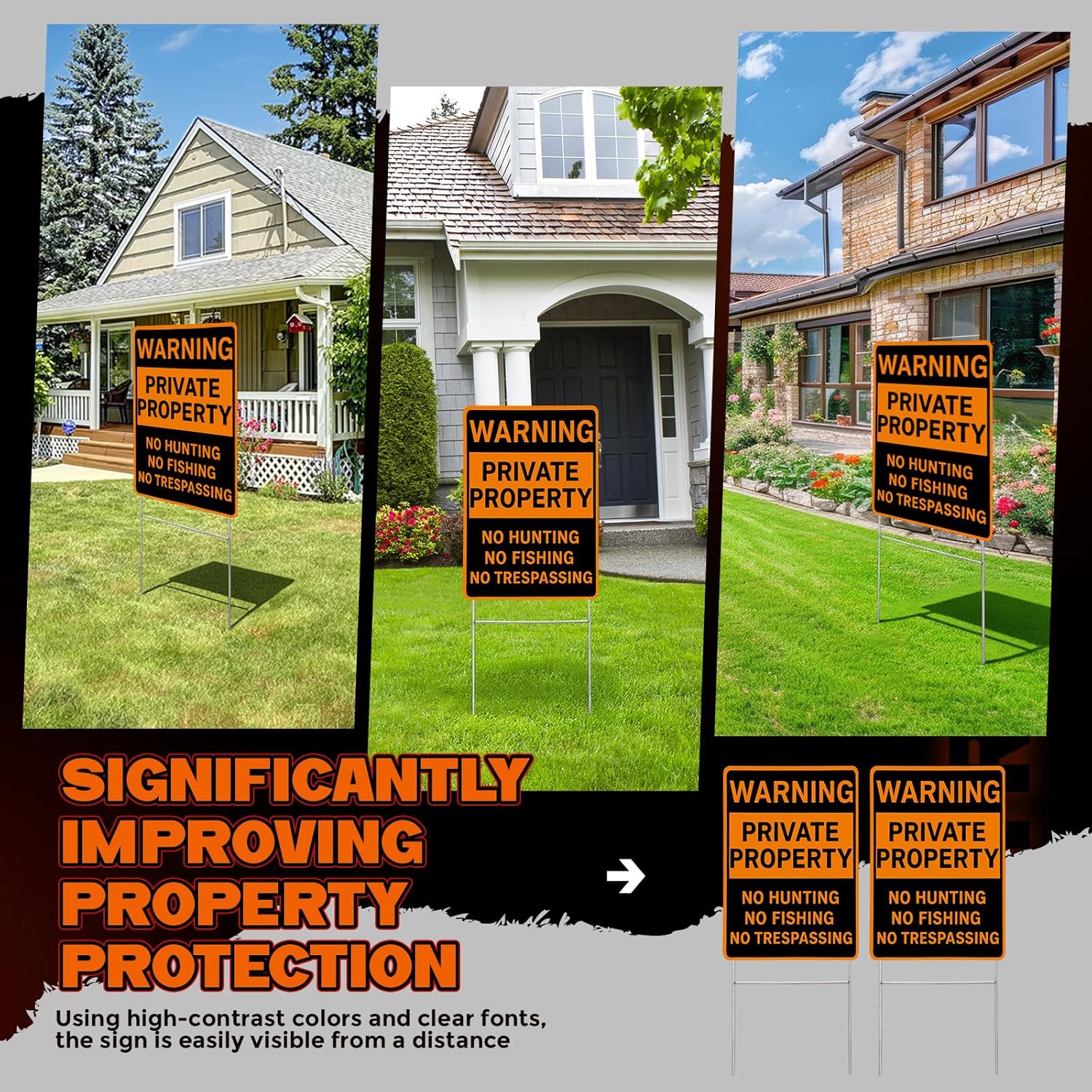12 Pcs No Hunting No Trespassing Signs Private Property, 8'' x 12'' Waring Signs with H-stake Metal Stakes for Outdoor Yard Warning Hunting Fishing Trapping Outdoor(Orange)
