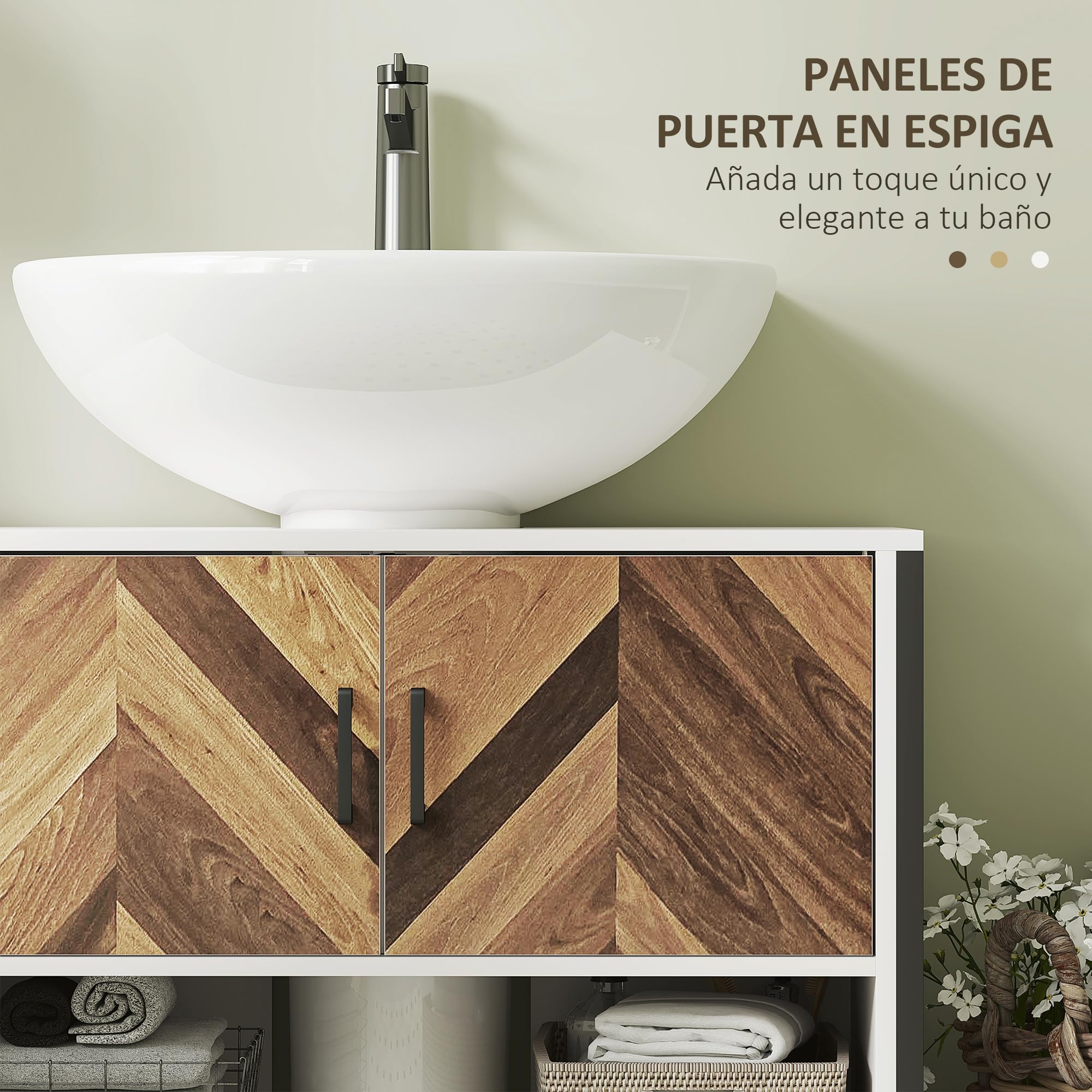 HOMCOM Mueble Bajo Lavabo de Baño con 2 Puertas 80x40x60 cm Crema y Nogal | Mueble de Baño, Patrón en Espiga, Compartimento Abierto, para Lavabo con Pedestal o con Pie
