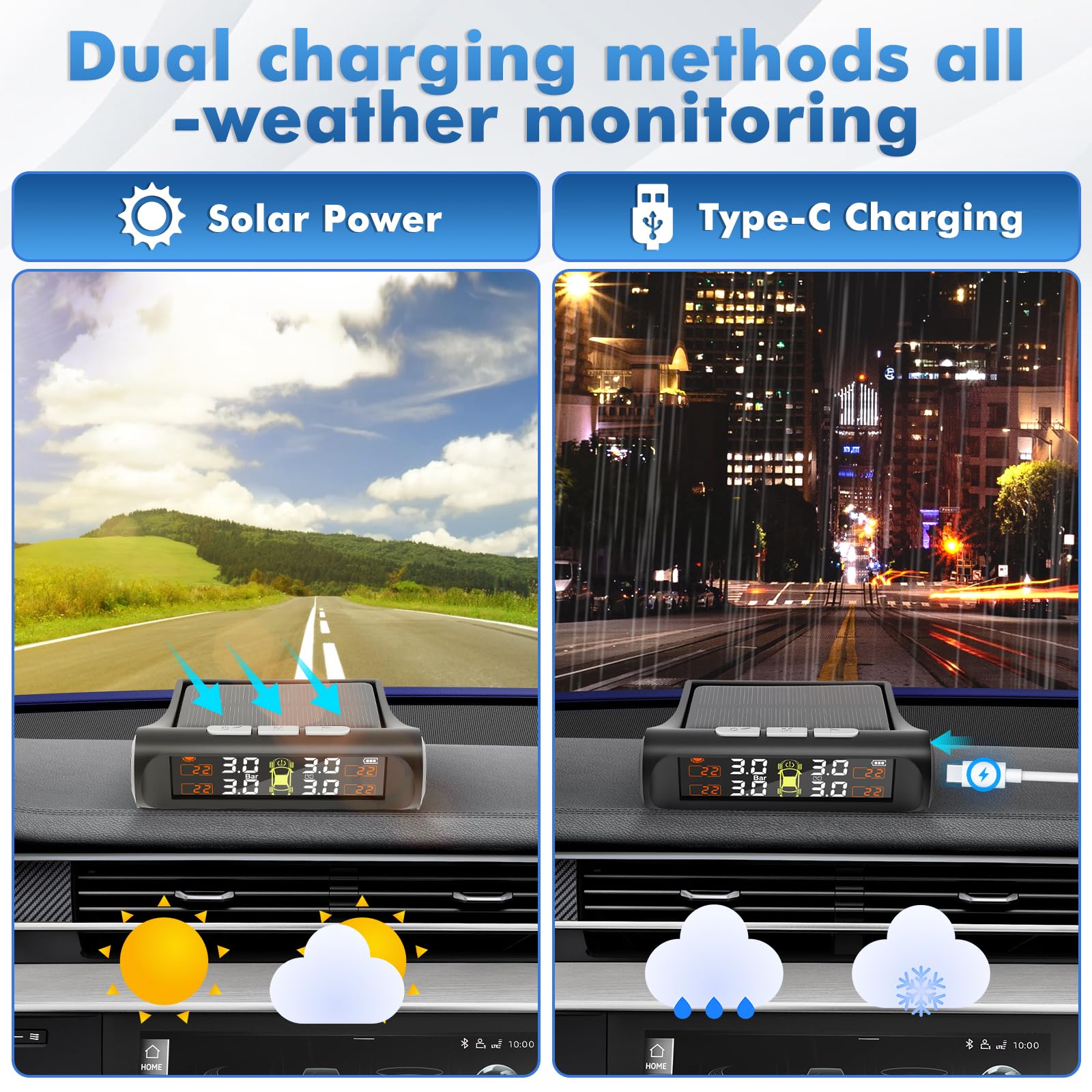 Reifendruckkontrollsystem mit Solarladung, TPMS Reifendruckkontrollsystem mit 4 externen Sensoren und 5 Alarmmodi, Echtzeitüberwachung Druck und Temperatur, geeignet für Fahrzeuge mit 4 Rädern