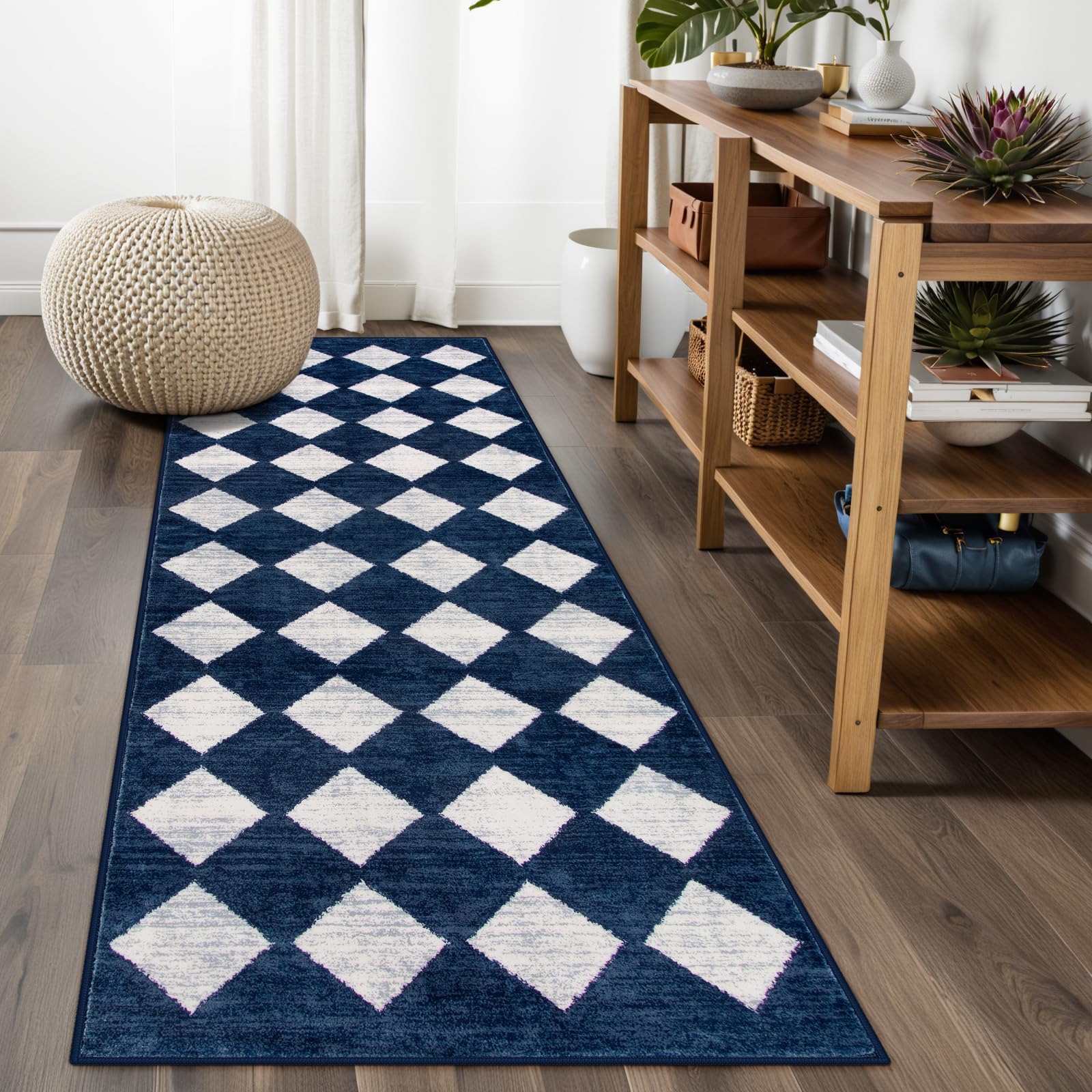 Lahome Zelie Checkered Washable Runner Rug,2x6 Rug Runners for Hallways Non Slip,Blue Kitchen Runner Rug,Moroccan Trellis Soft Low Pile Carpet Runners