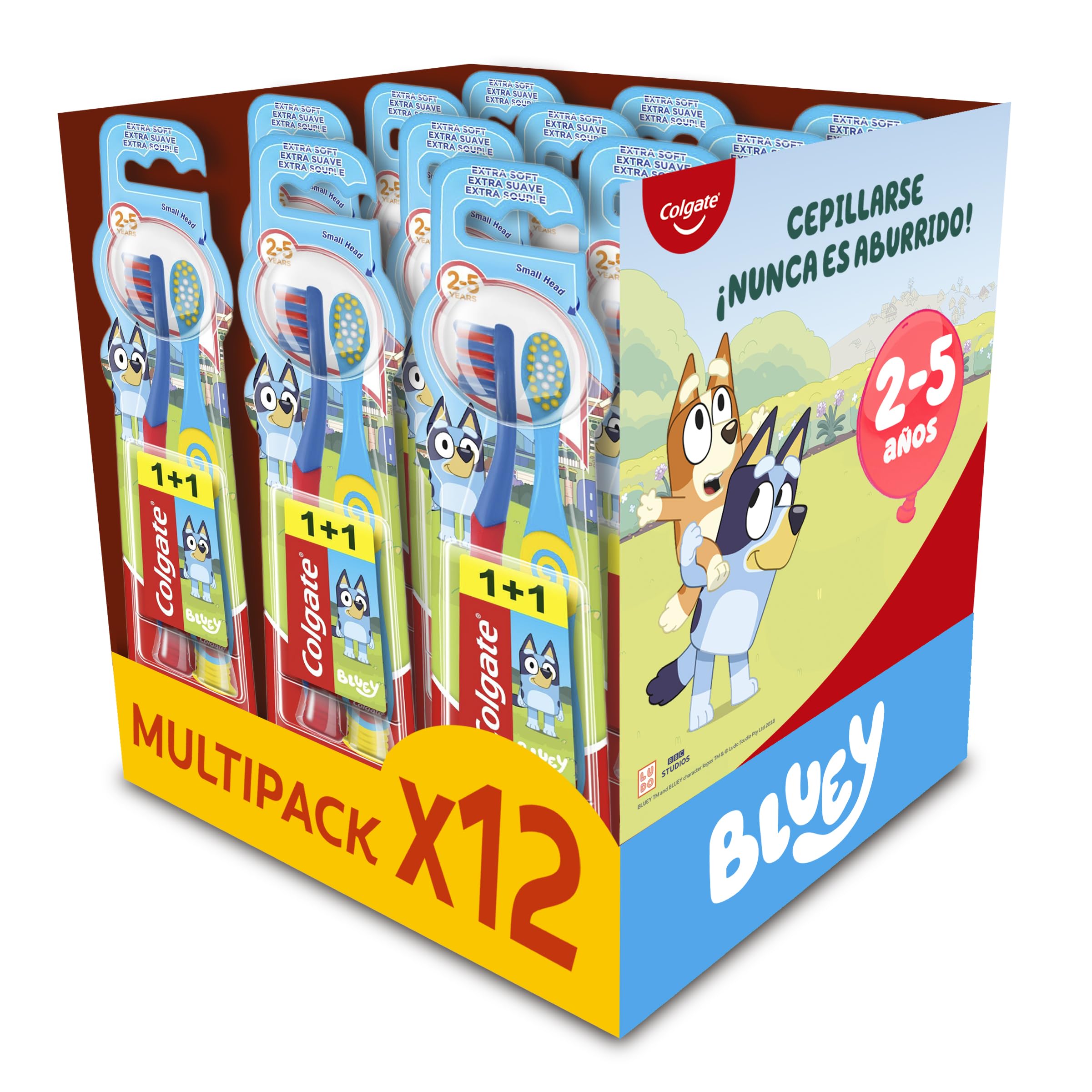Colgate Pack 12 x 2 Cepillos de dientes Kids Bluey 2-5 años, cepillo de dientes infantil, cabezal pequeño, filamentos extra suaves para una limpieza delicada, mango redondo para un agarre cómodo