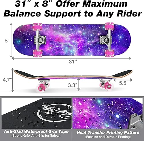 Miniatura 47 de BELEEV Patinetas para principiantes, 31 x 8 pulgadas, patineta completa para niños, adolescentes y adultos, 7 capas de arce canadiense doble patada