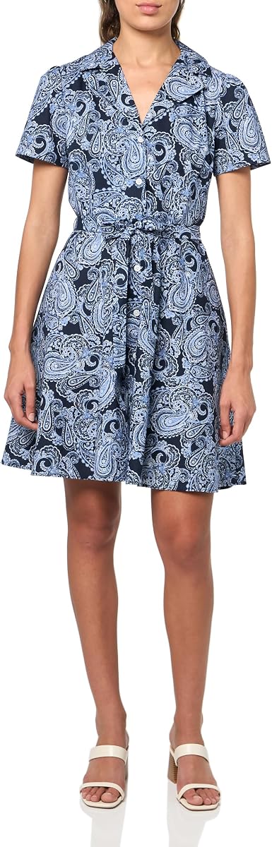 Tommy Hilfiger Vestido camisero de manga corta ajustado y acampanado para mujer