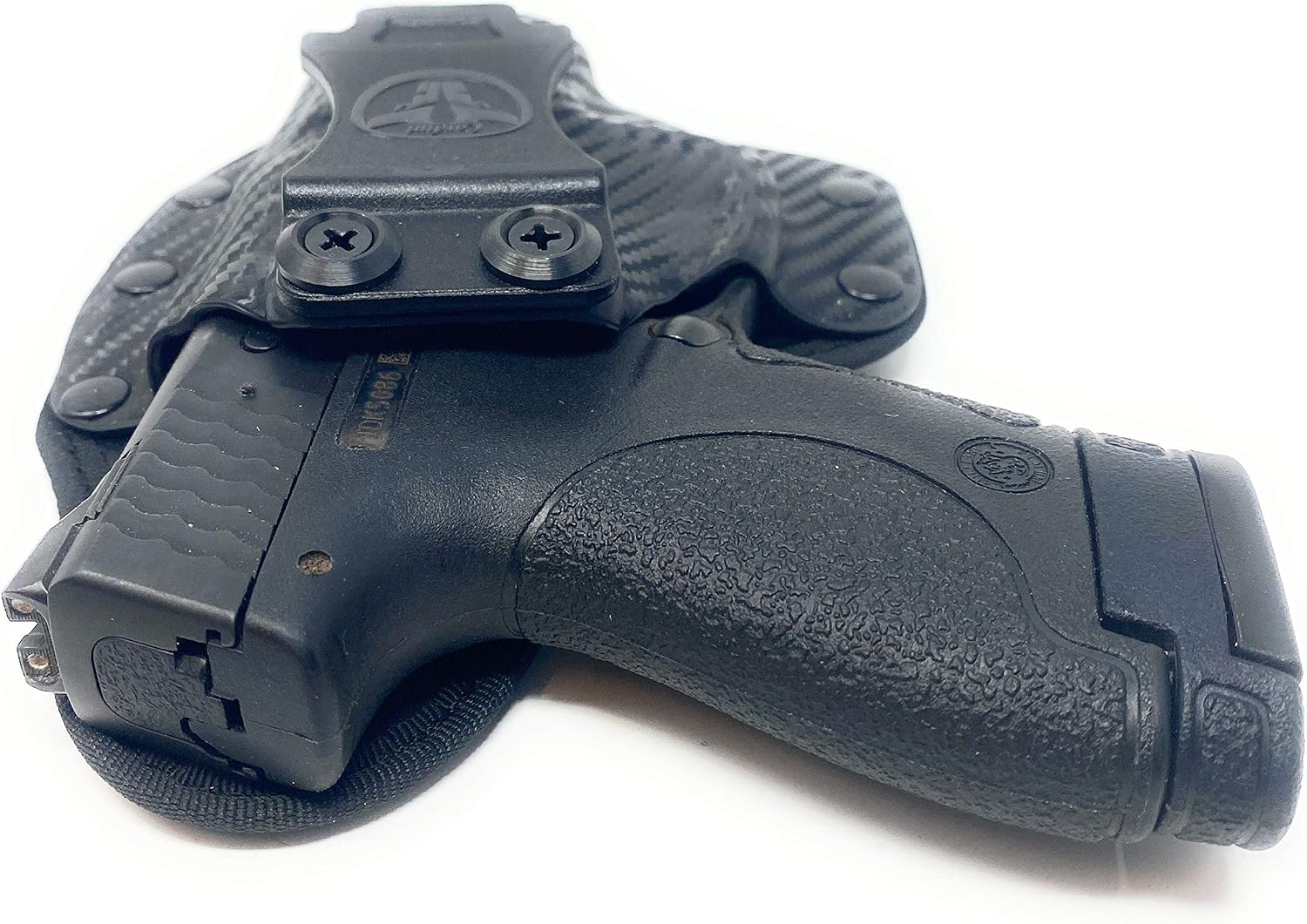 Cardini Leather USA – IWB Cáscara Series Hybrid Kydex and Leather Holster – Concealed Carry – Black Carbon Front with Black Mesh Padding Back – for Glock 43 – Right Hand
