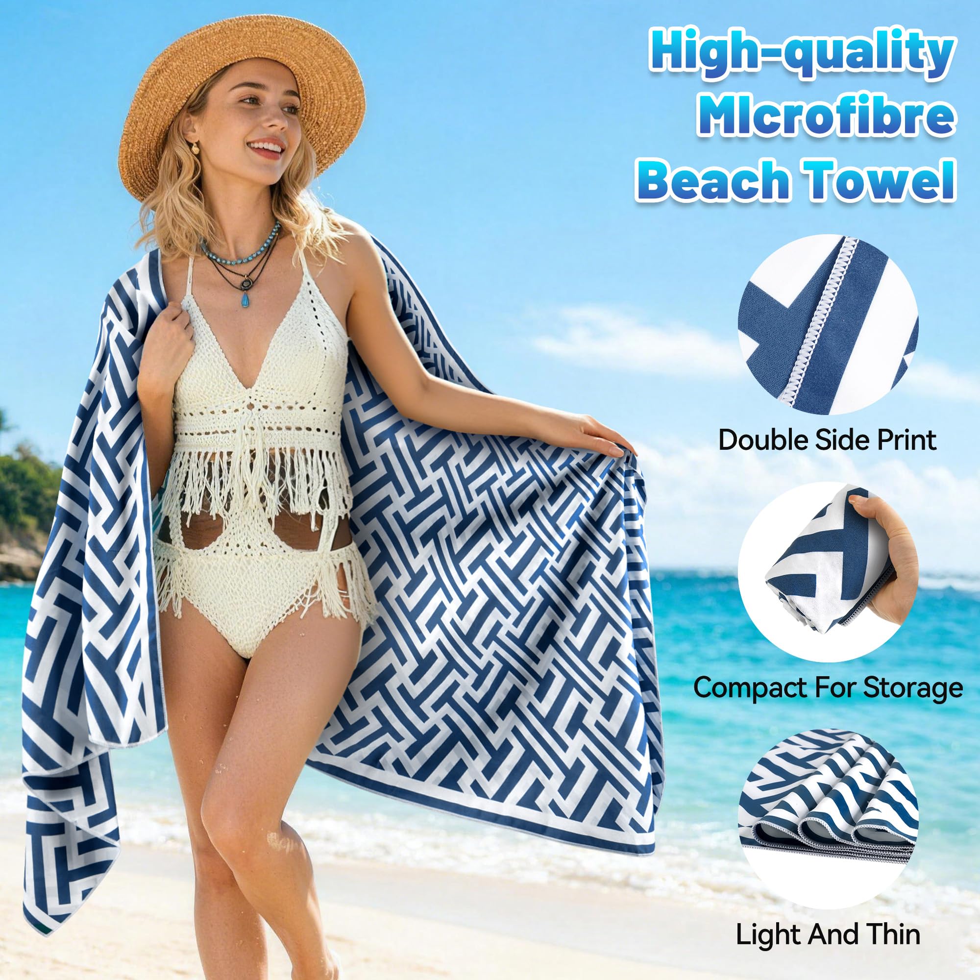 Toalla Playa XXL 90×180 cm Microfibra Secado Rápido Sin Arena Manta Playa Mujer Azul