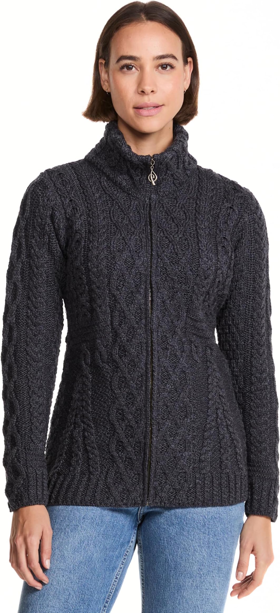 Zippered Wool Cardigan with Full Neck by Aran Woollen Mills