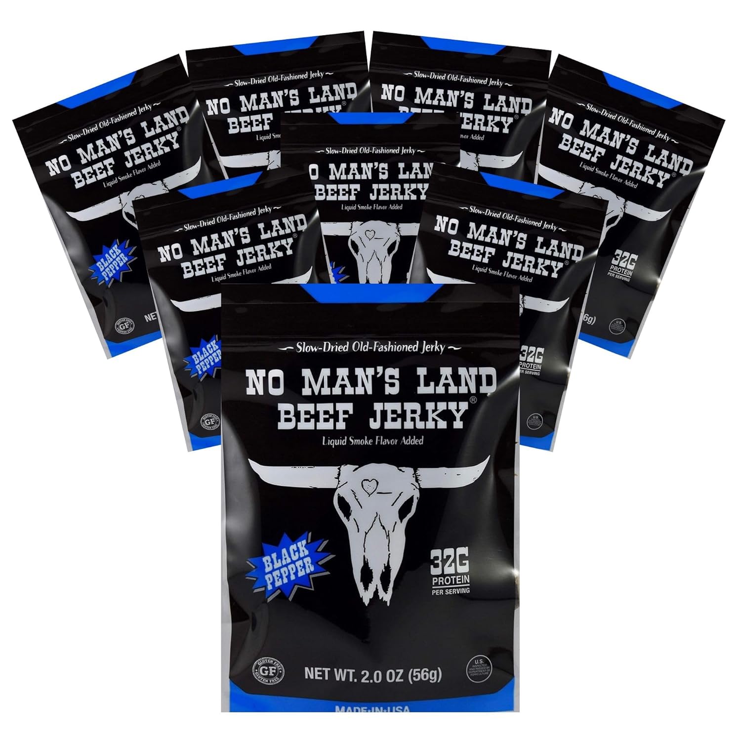 No Mans Land Beef Jerky | Authentic Beef Jerky | Slow-Dried | 17G Protein Per Serving - High Protein Snacks (Bundle of 8) (Black Pepper)