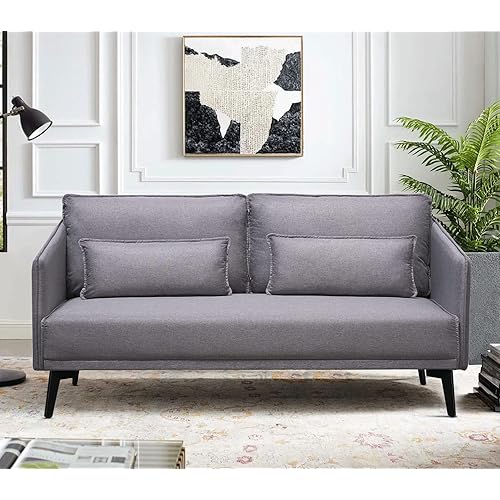 Loveseat Sofa Upholstered Modern Linen Fbaric Love Seat Couch with 2 Small Lumbar Pillows for Living Room Apartment Tool-Free Assembly, Light Grey