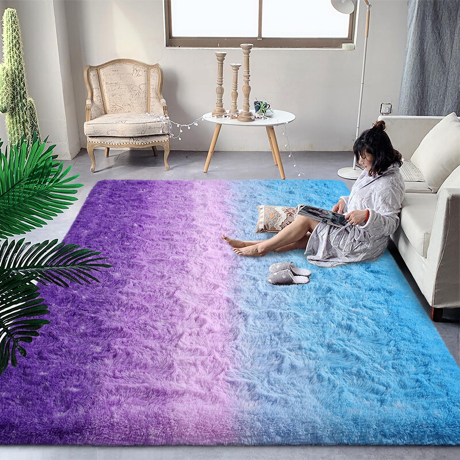 DweIke Luxury Fluffy Kids Rugs for Living Room Bedroom, 4x6 Feet Shaggy Purple and Blue Area Rug for Girls Boys, Upgrade Plush Non-Slip and Washable Colorful Fuzzy Carpet for Dorm Nursery Decor