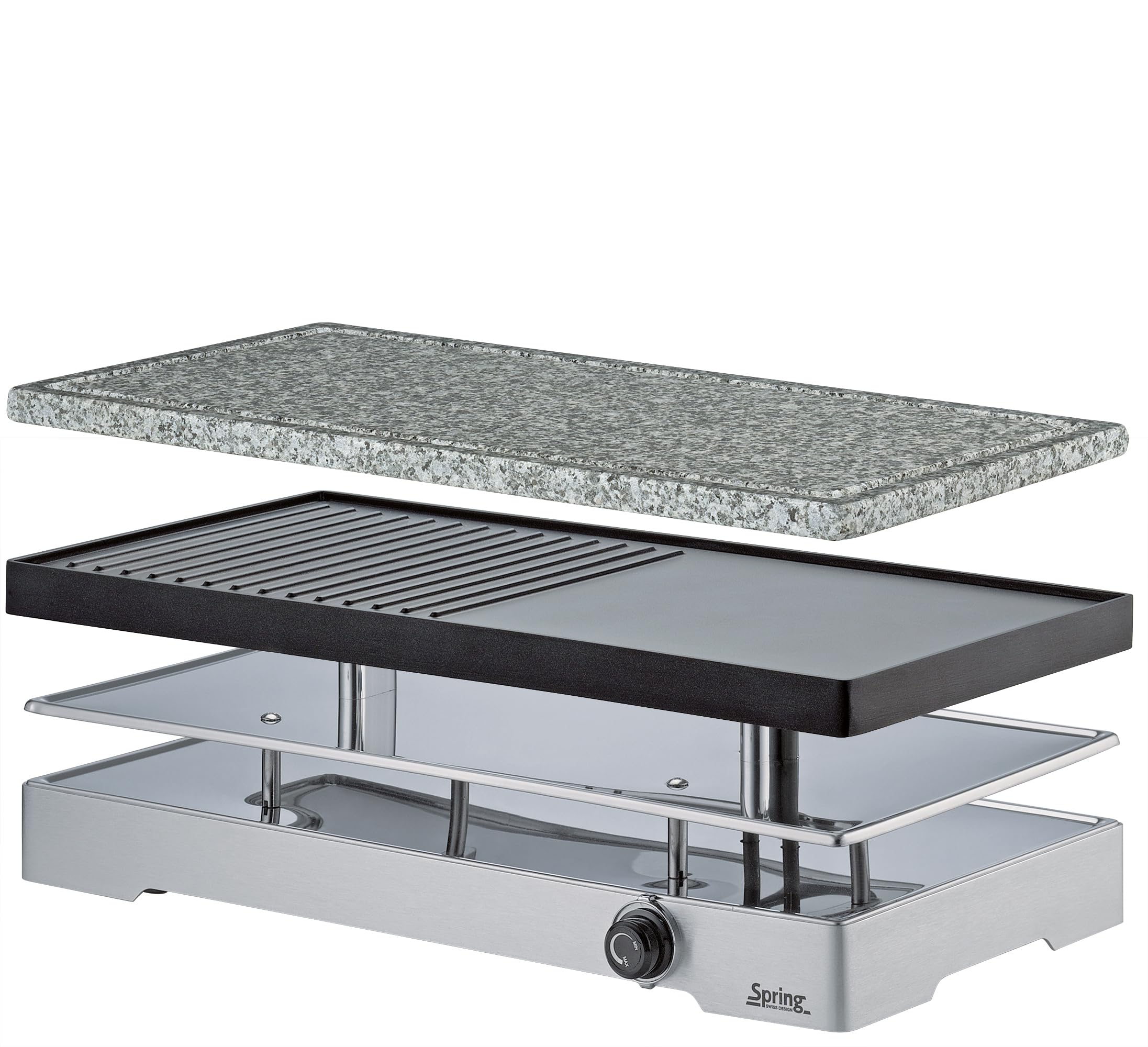 Spring RACLETTE8 Classic Duo Raclette elektryczny grill stołowy dla 8 osób, nieprzywierająca płyta aluminiowa i granitowa płyta grillowa z rowkiem na sok, 8 patelni, 8 skrobaków do raclette, poziom