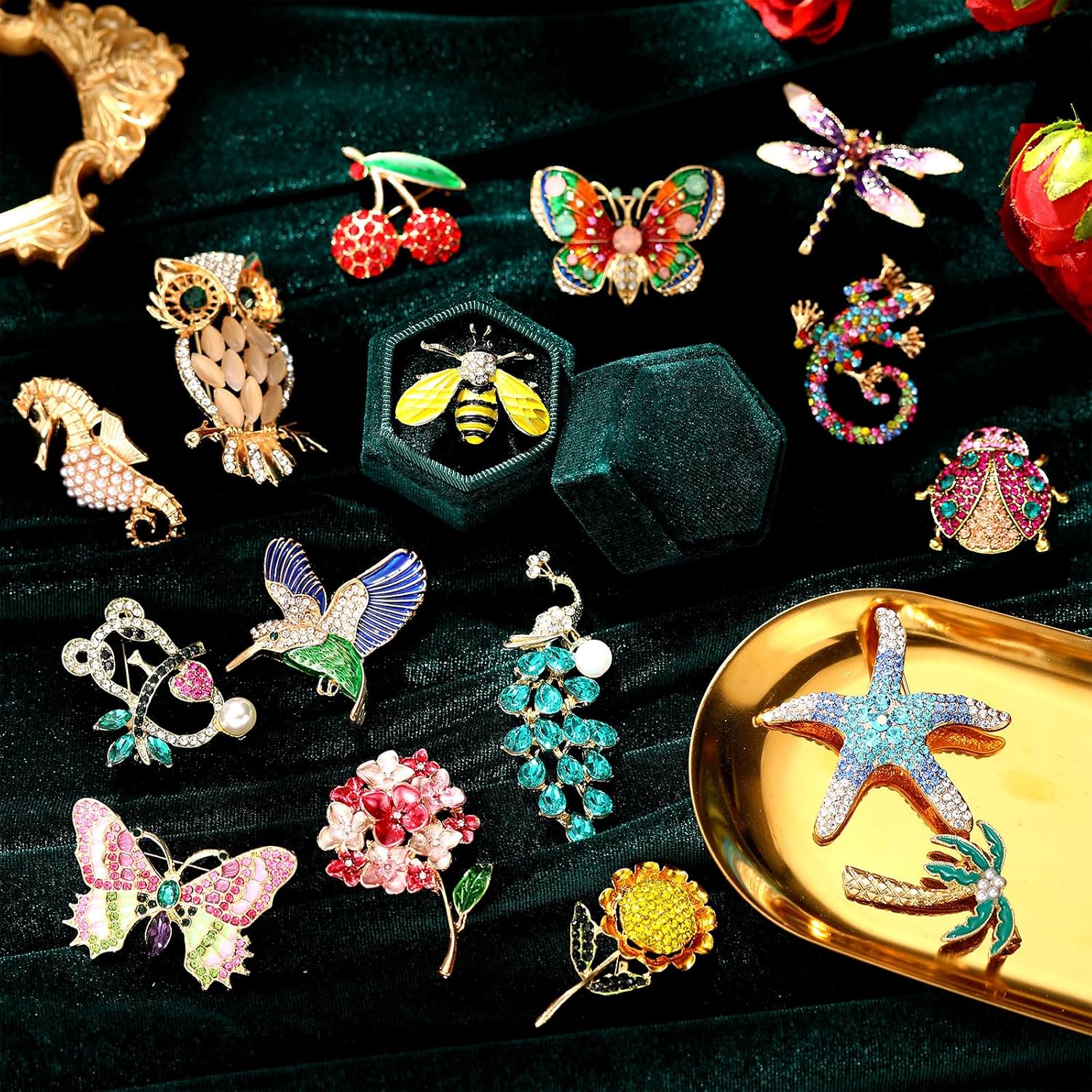 Sasylvia 16 Pcs Women Brooch Set Rhinestone Vintage Animal Insect Plant Pins Brooches Bulk for Women Girls Valentines gifts - Image 5