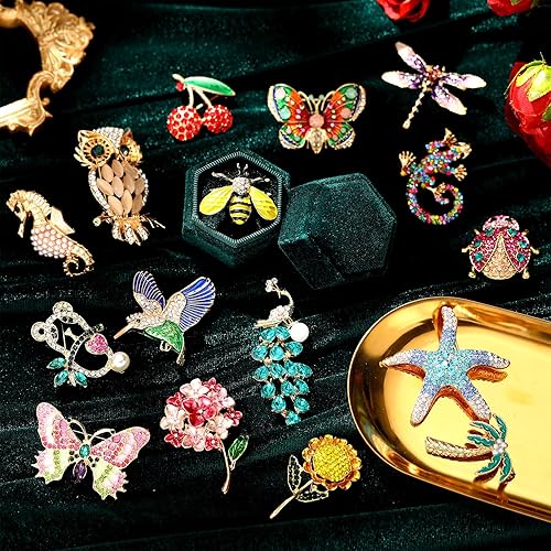 Vista 5 de Sasylvia Juego de 16 broches para mujer con diamantes de imitación de cristal, vintage, primavera, animales, insectos, plantas, broches a granel
