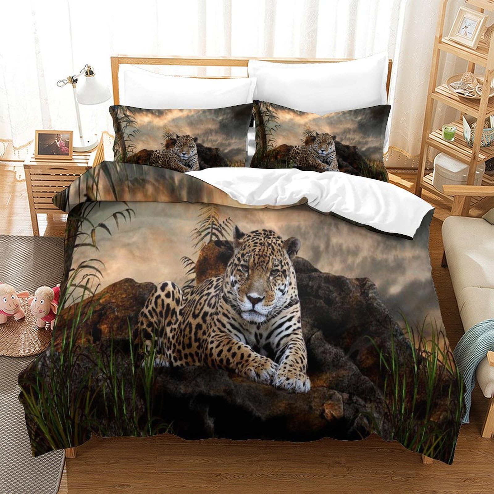 P1s9u7w5y Jaguar-5 Vivid Wildlife Leopard 3D Printed Duvet Cover Set 3Pcs Microfiber Animal Bedding Set King（220X240cm）