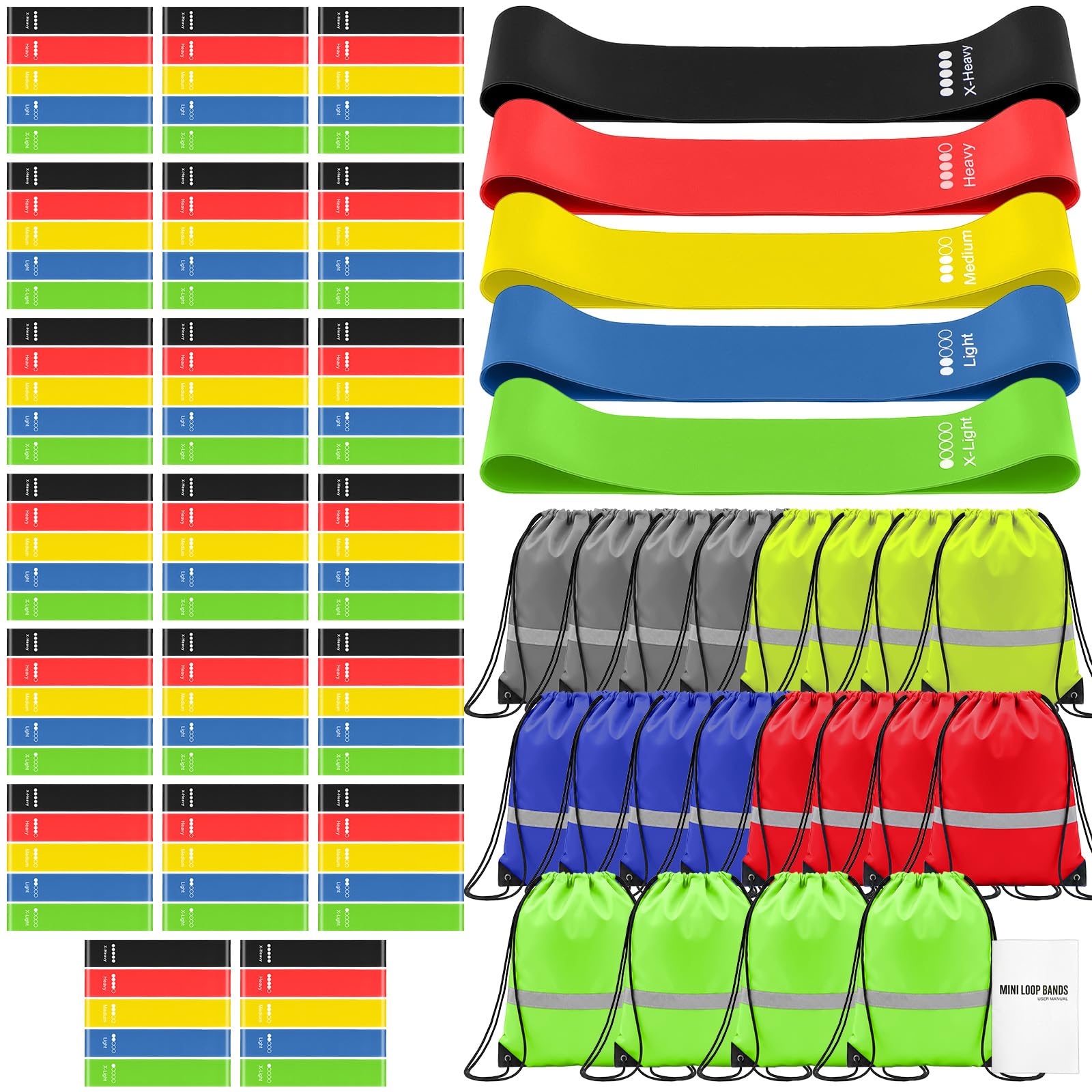 Sratte Lot de 120 bandes de résistance en vrac pour fitness, sport, classe, étudiants, membres, cadeau physique, 5 pièces par lot, avec grand cordon de serrage pour sacs à dos