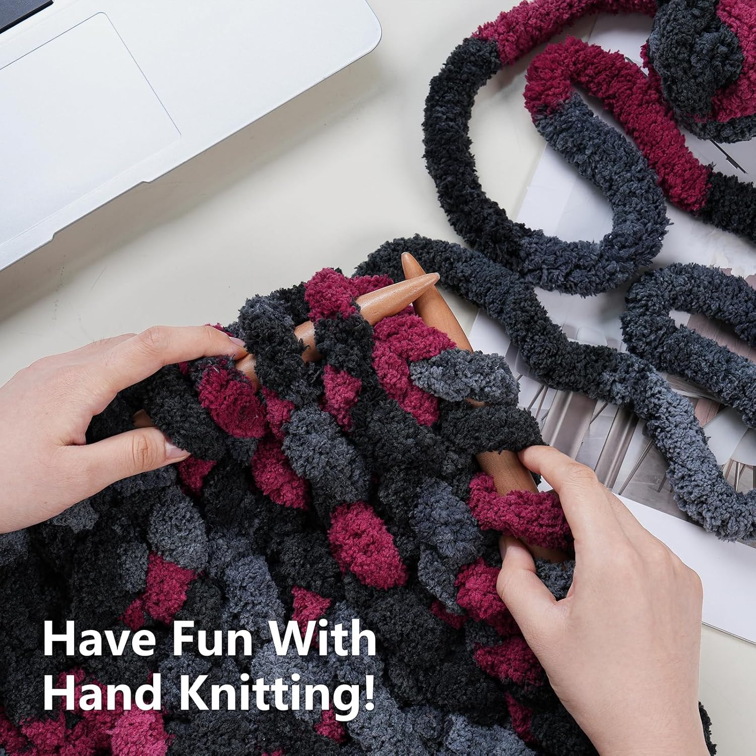 Chunky Yarn for Hand Knitting - #10 Chunky Chenille Blanket Yarn, Jumbo Big Thick Chunky Yarns for Crocheting, Tie Dye Bulky Knit Yarns, 8 Skein (25 yds 8 oz Each Skein), Grey & Black & Red