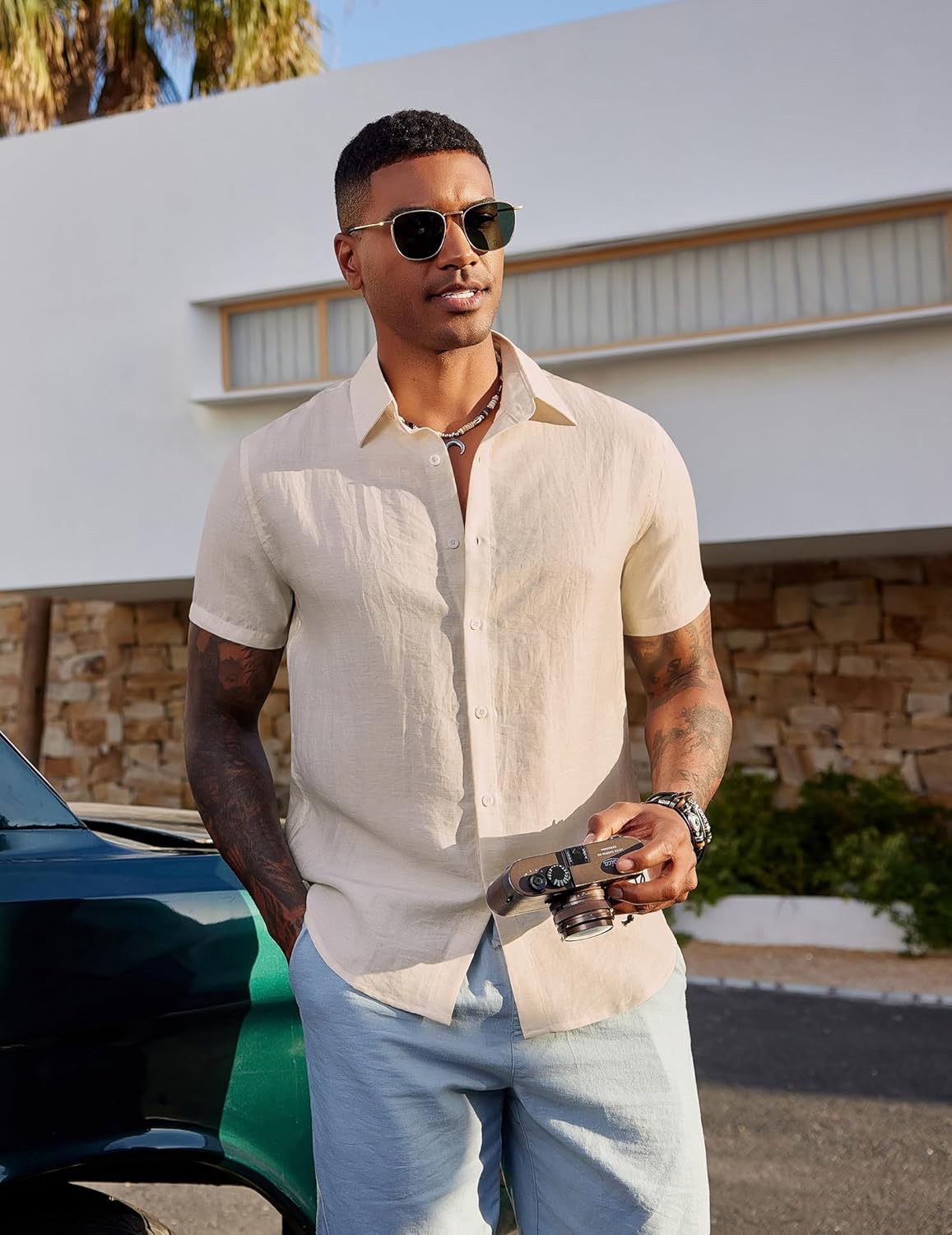 COOFANDY Men's Linen Shirts Short Sleeve Casual Button Down Shirts Beach Summer Wedding Tops - Image 2