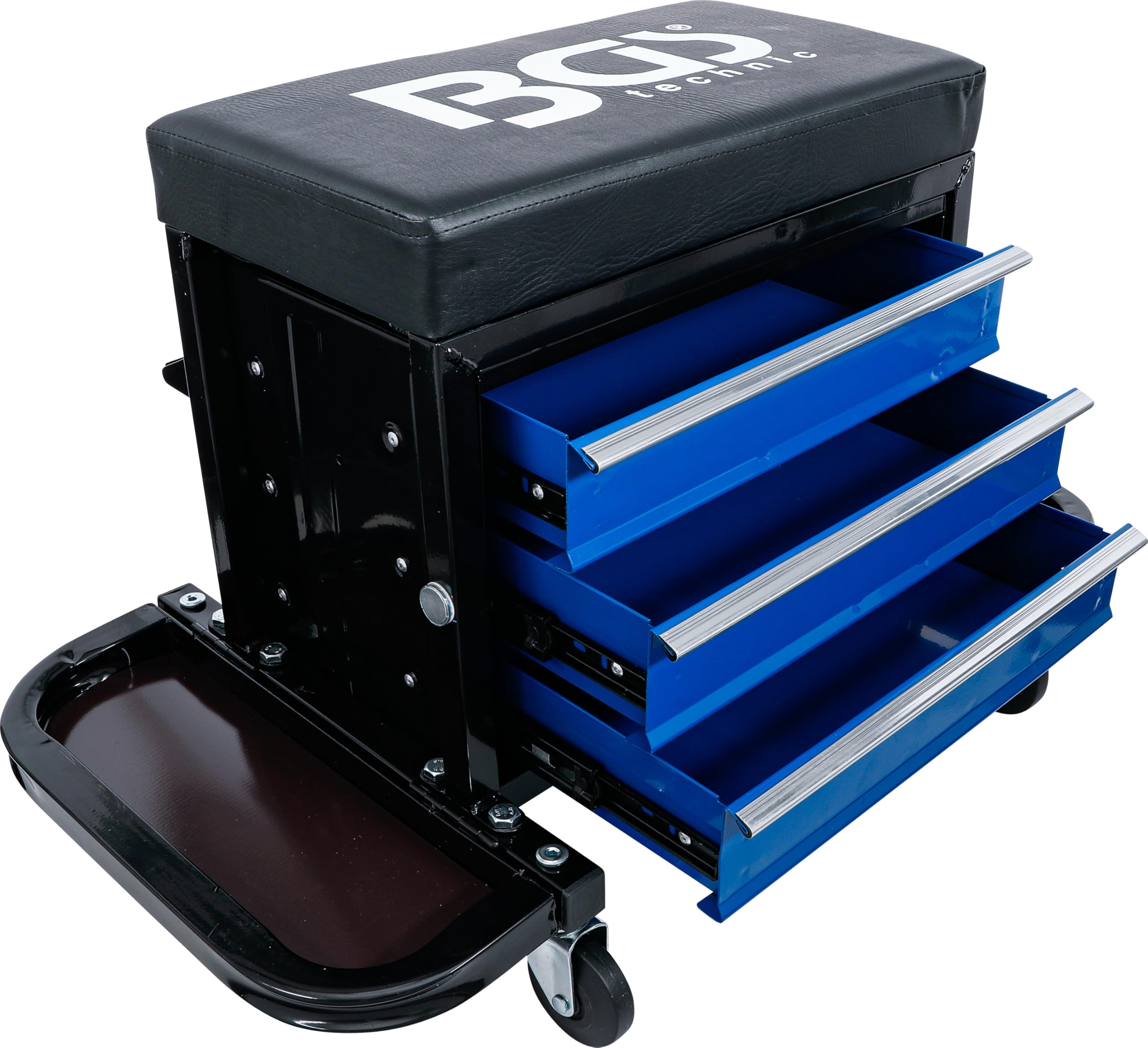 BGS 2859 | Werkstatt-Rollsitz | 3 Schubladen | 150 kg | 4 Lenkrollen | 2 magnetische Seitenablagen | Stahl-Vierkantrohr-Konstruktion | Rollendurchmesser 60 mm | 5 kg je Schublade