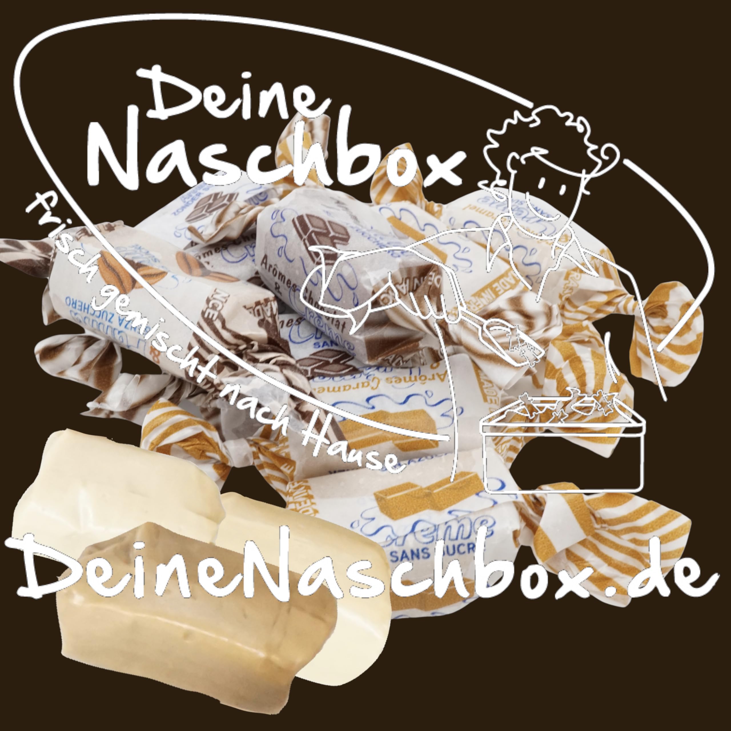 Deine Naschbox | Zuckerfreie Caribbean Creme Toffee Bonbon | 1,5kg Mega Pot | XXL Großpackung | 3 Sorten Mix | Karamell Schokolade & Kaffeesahne