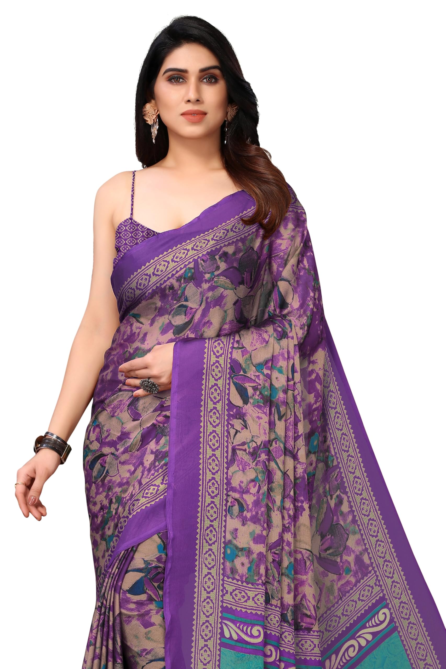 Women's Plain Weave Chiffon Ethnic Motif Printed Saree with Blouse Piece