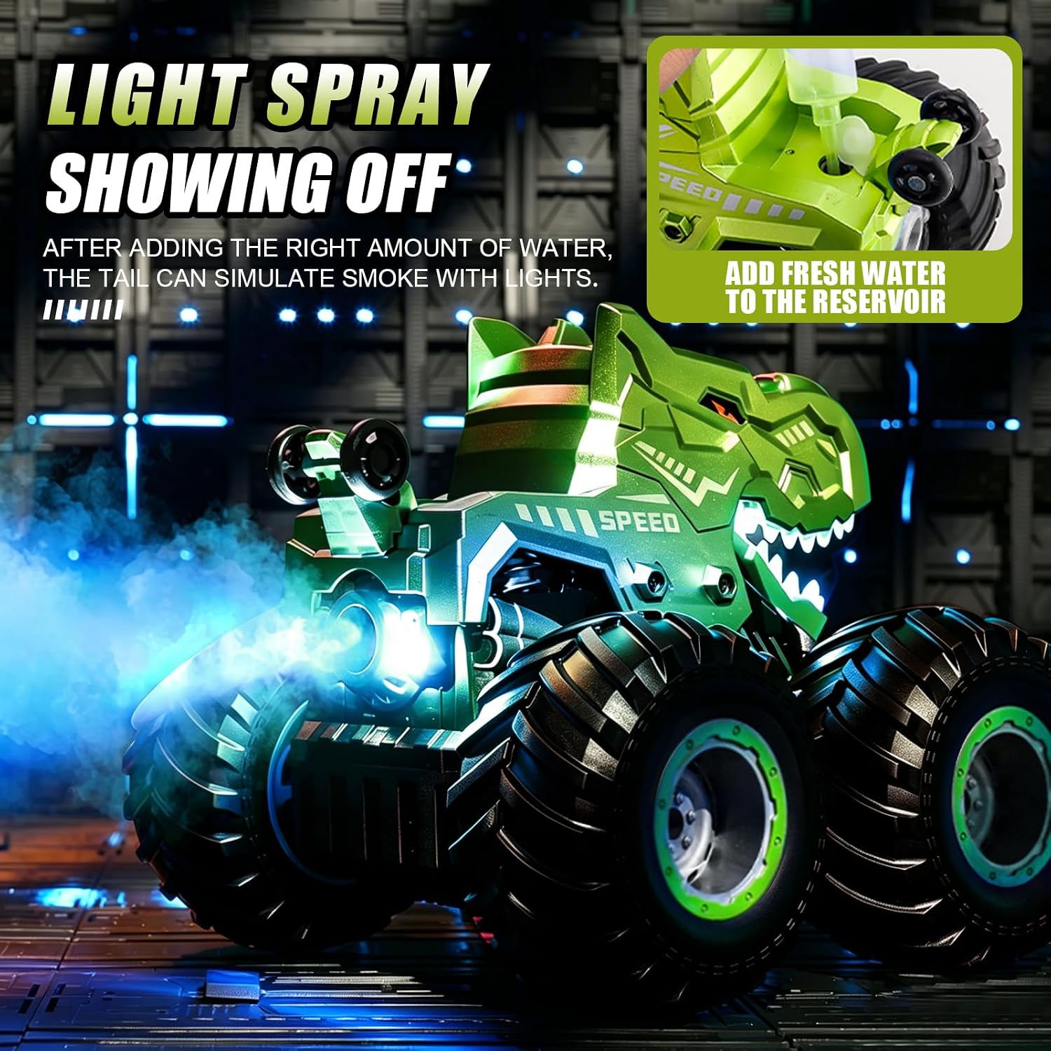 pinkking Monster Truck Toys Remote Control Dinosaur Truck with Light & Sound & Spray, 1:18 RC Truck with 360° Spins and Drifting, 4WD Remote Control Vehicle USB Type-C Charging for Boys Gift, Green image 5