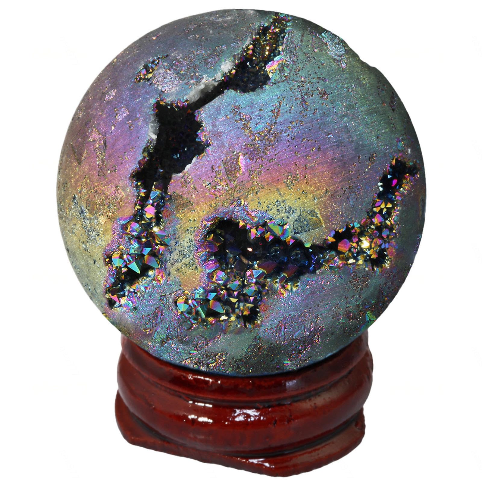 PKNVKZIDK Titanium Coated Agate Geode Crystal Sphere Ball with Wooden Stand, Rainbow Quartz Stone Gift Ornament,purple-40mm