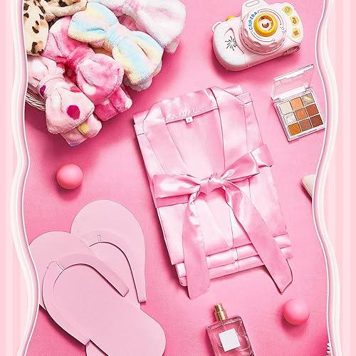 Miniatura 5 de Jecery 18 piezas de suministros de fiesta de spa para niñas, 6 kimonos de satén, 6 diademas de spa, 6 pantuflas desechables de espuma para pedicura