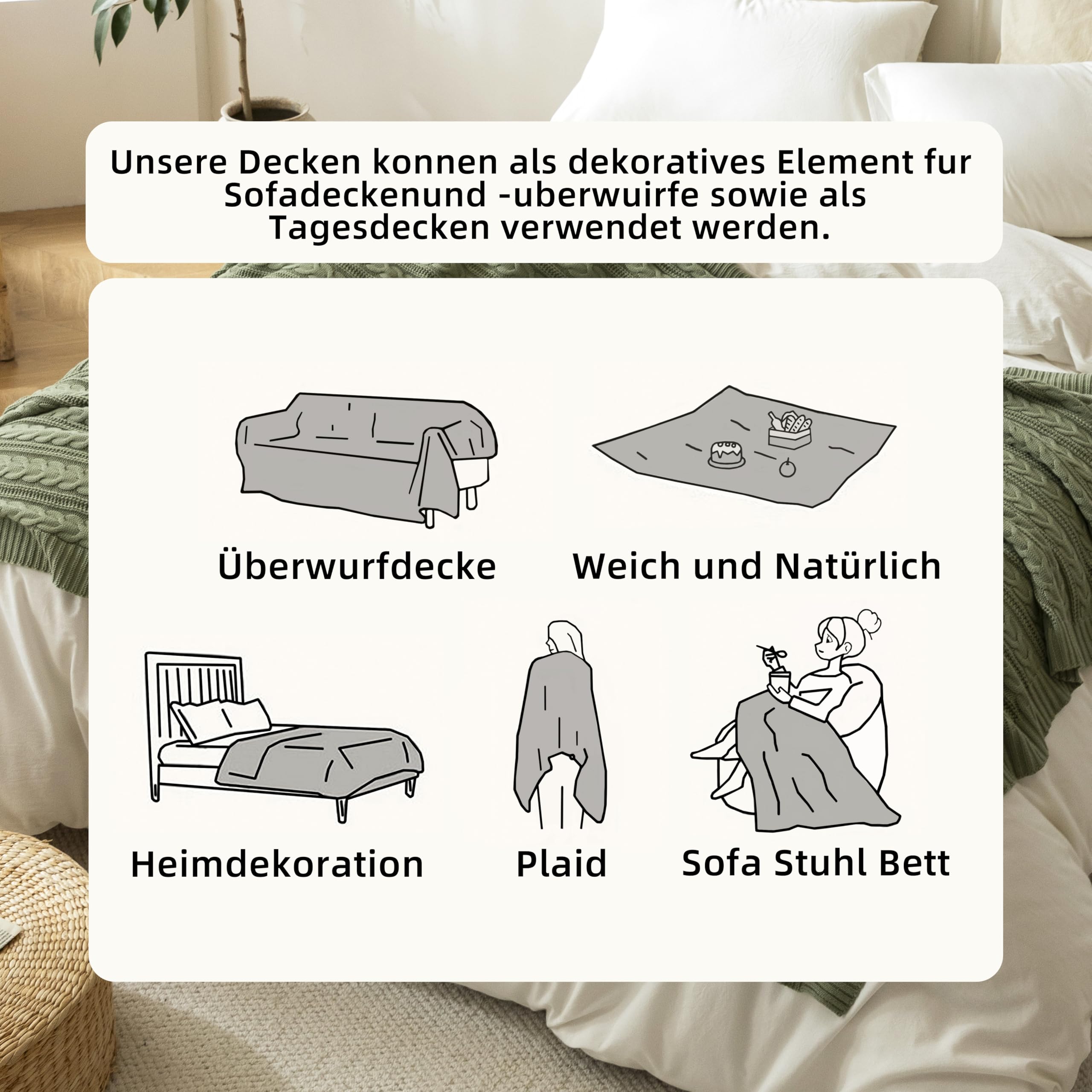 Talasily Strickdecke 150x200cm 100% Baumwolle Oeko-TEX, leichte Ganzjahresdecke Zopfmuster, atmungsaktiv weich für Frühling Sommer Herbst, Tagesdecke für Bett & Sofa, Wohnaccessoire Grün