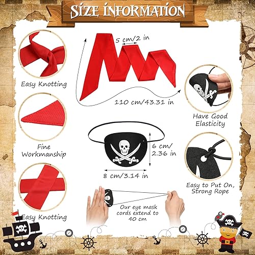 Miniatura 2 de JaGely 32 piezas de accesorios de pirata suministros de fiesta incluyen 16 pañuelos rojos de cabeza de pirata, 16 parches para los ojos, regalos de