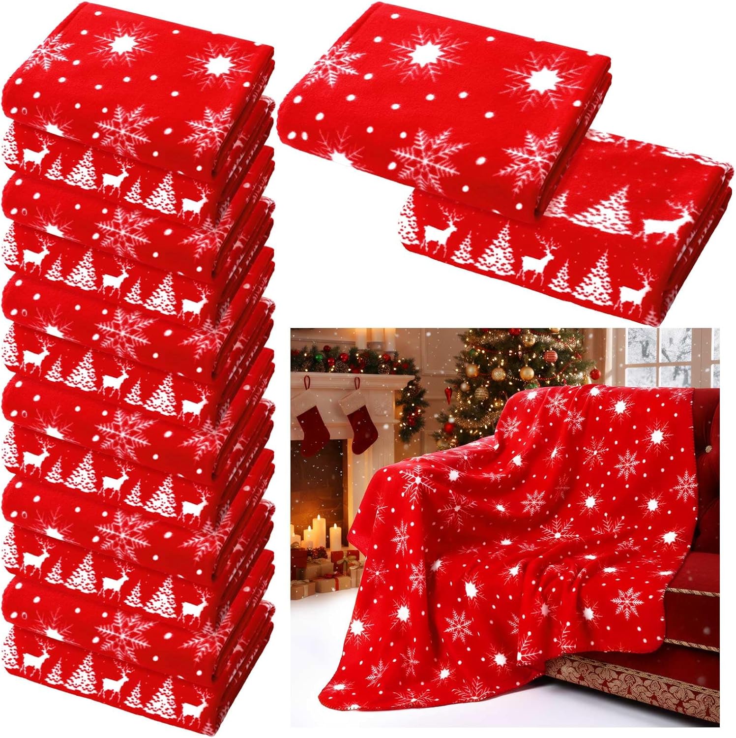 Soaoo 12 Pcs 50 x 60 Inch Christmas Snowflake Throw Blanket Red Snowflake Fleece Throw Blankets Bulk Xmas Winter Holiday Cozy Fleece Blanket Soft for Home Bedding Couch Airplane Homeless Gift